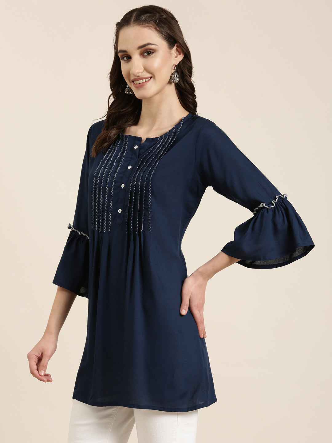 Women Navy Blue Solid A-Line Kurti