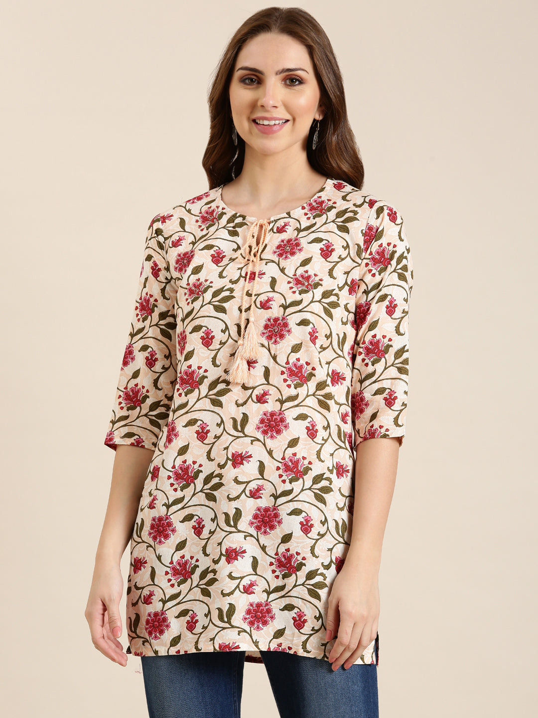 Women Peach Floral Straight Kurti