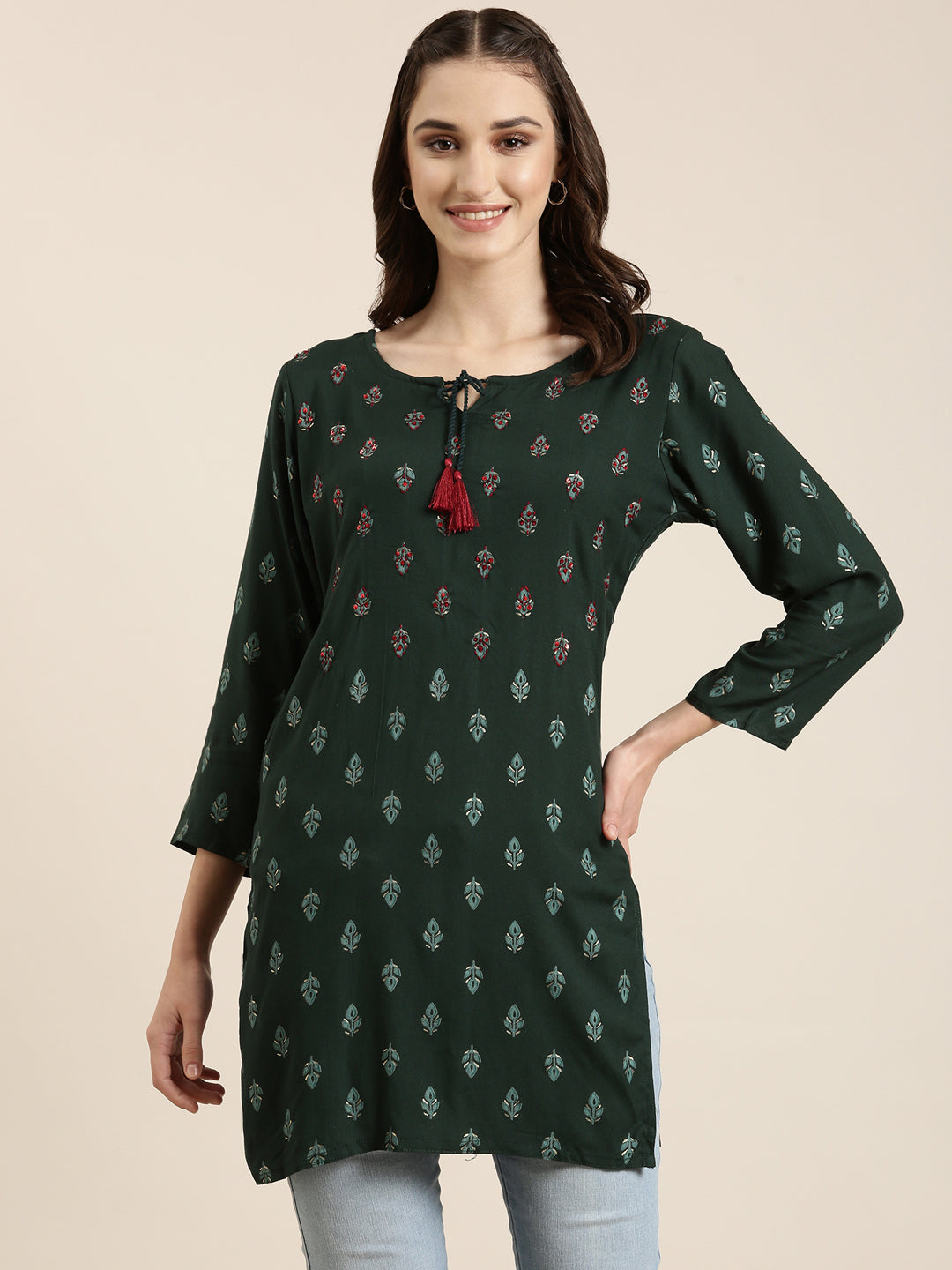 Women Green Floral Straight Kurti