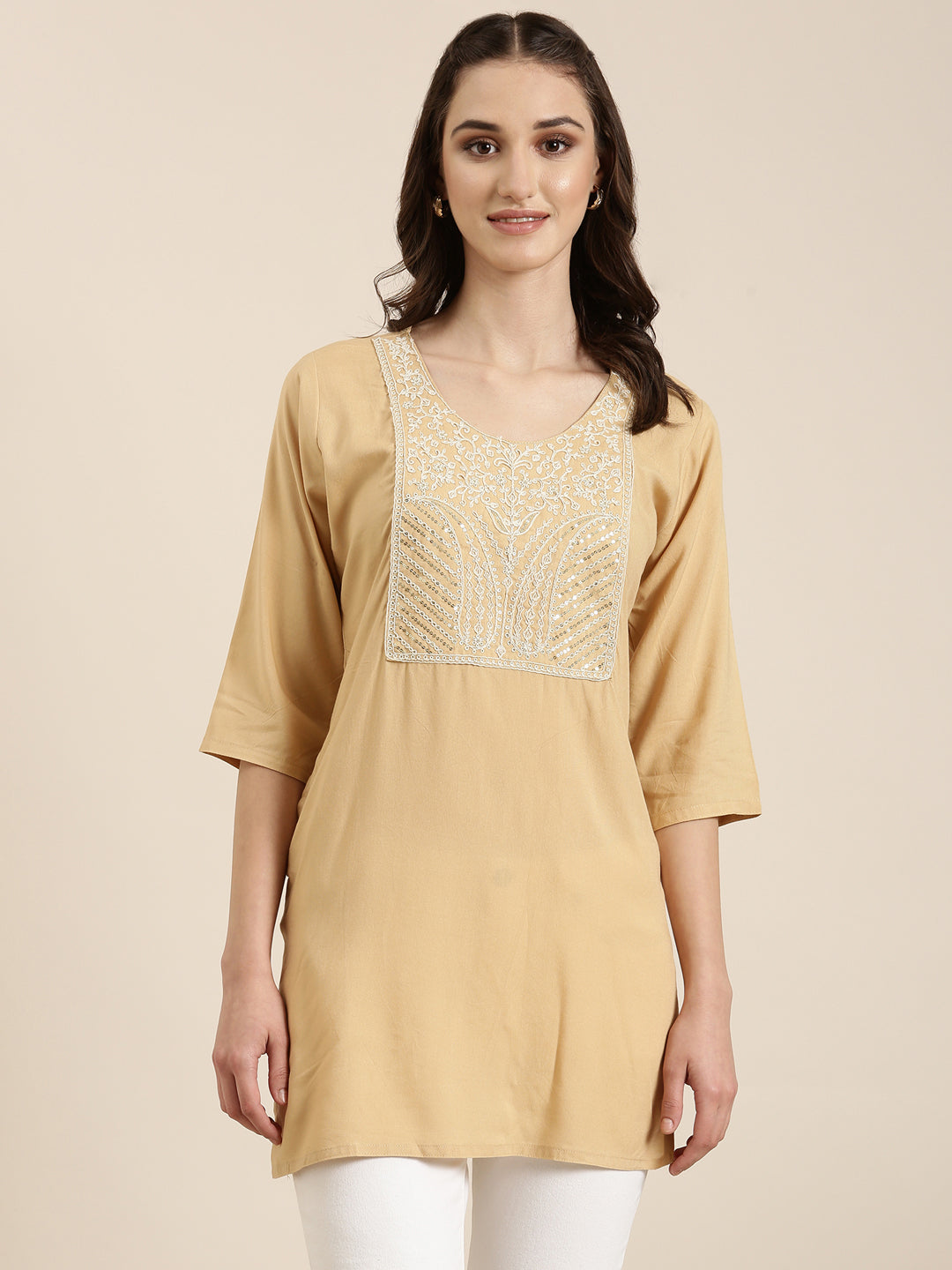 Women Beige Solid Straight Kurti