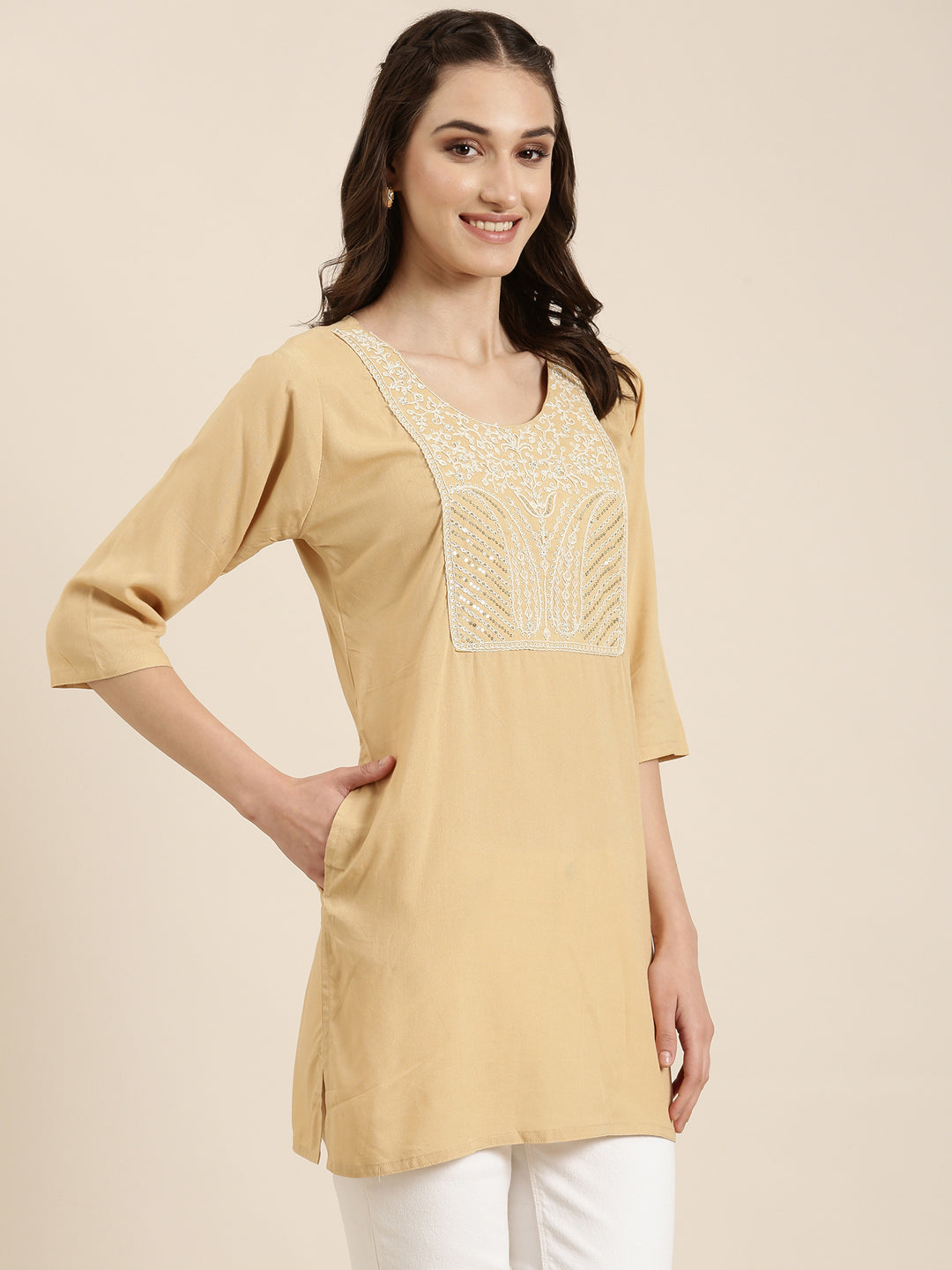 Women Beige Solid Straight Kurti