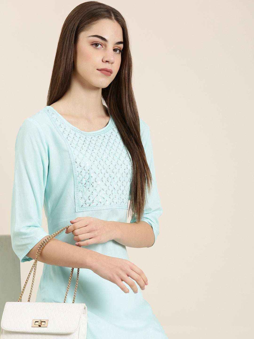 Women Blue Solid Straight Kurta