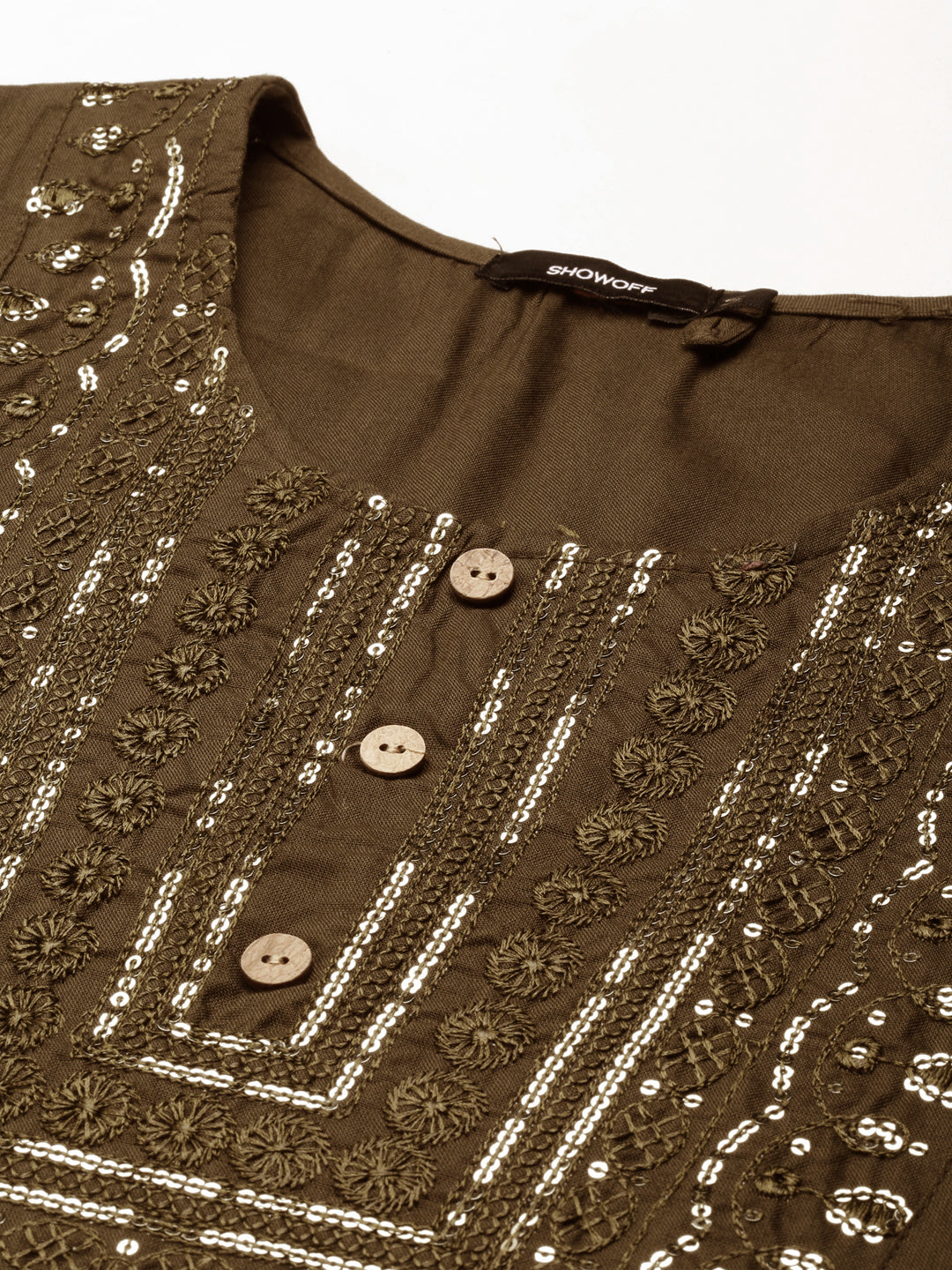 Women's Olive Embroidered Straight Kurta