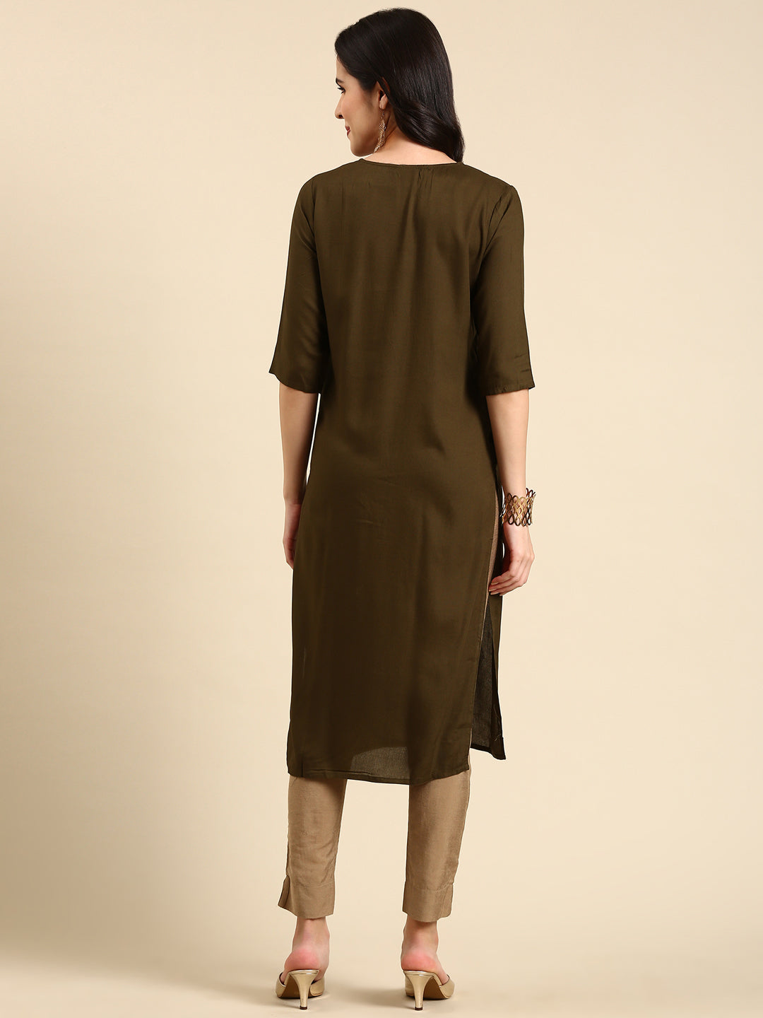 Women's Olive Embroidered Straight Kurta