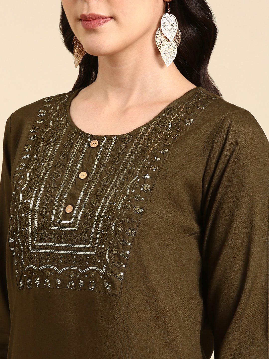Women's Olive Embroidered Straight Kurta