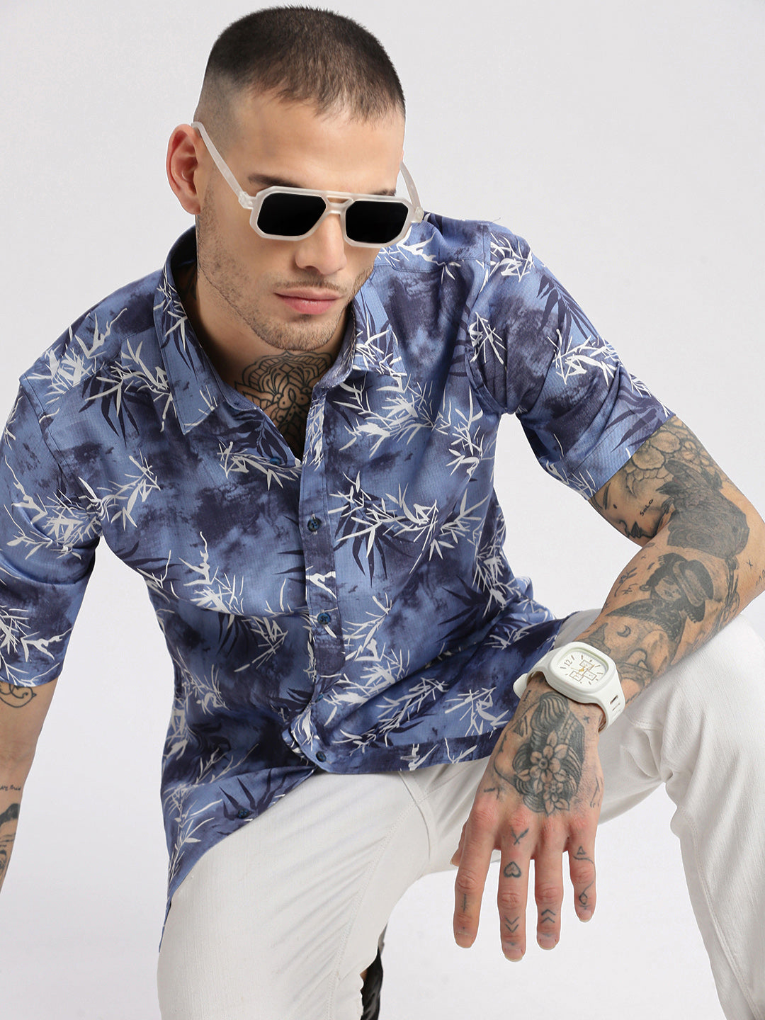 Men Spread Collar Floral Blue Casual Shirt