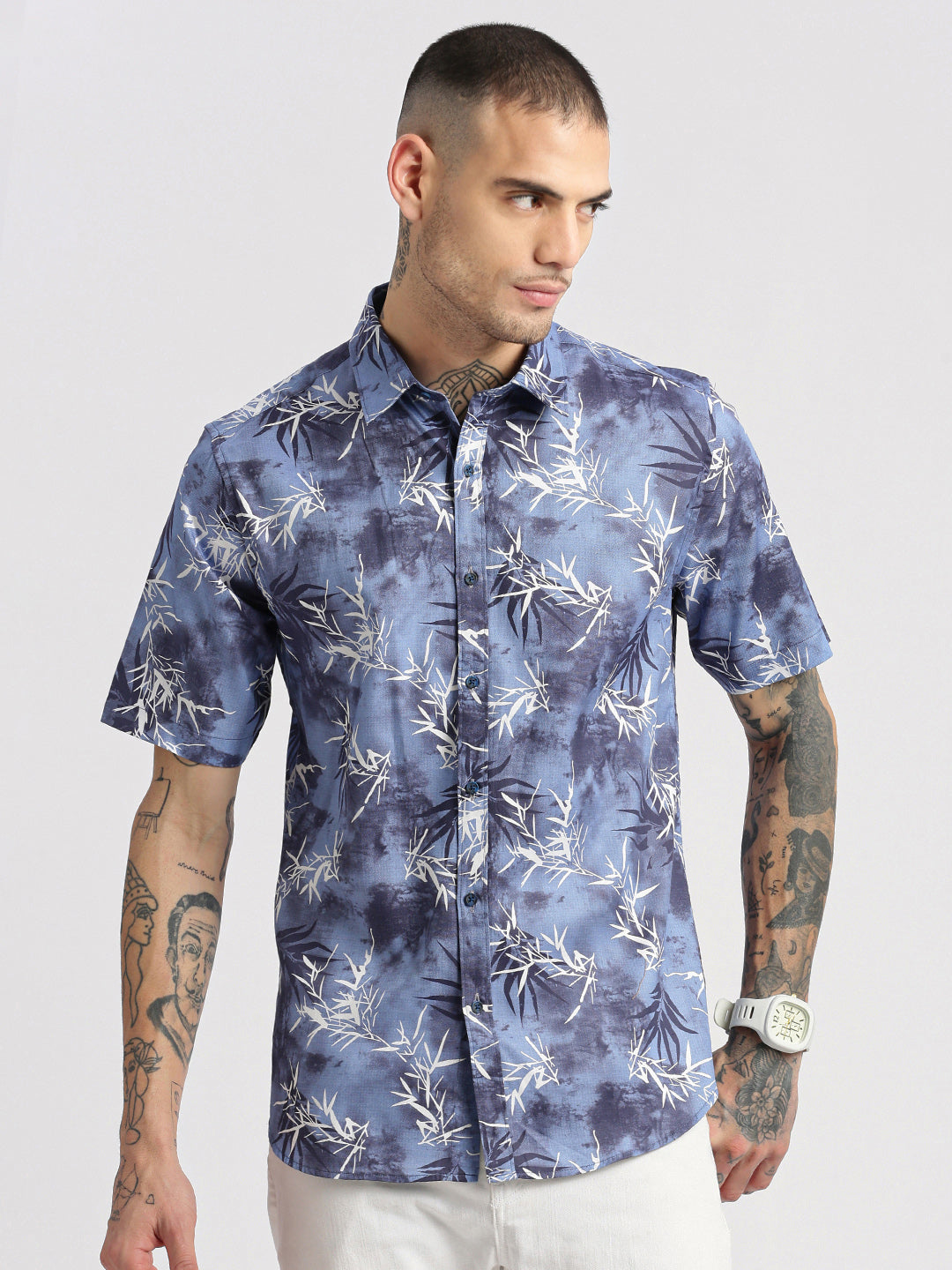 Men Spread Collar Floral Blue Casual Shirt