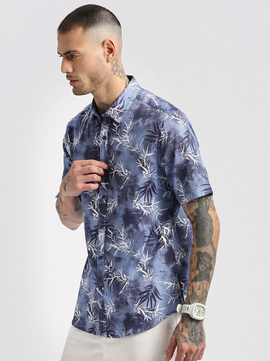 Men Spread Collar Floral Blue Casual Shirt