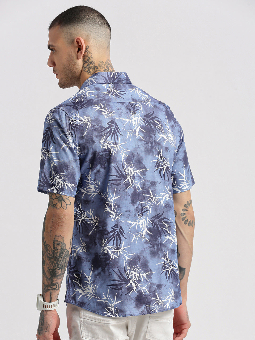 Men Spread Collar Floral Blue Casual Shirt