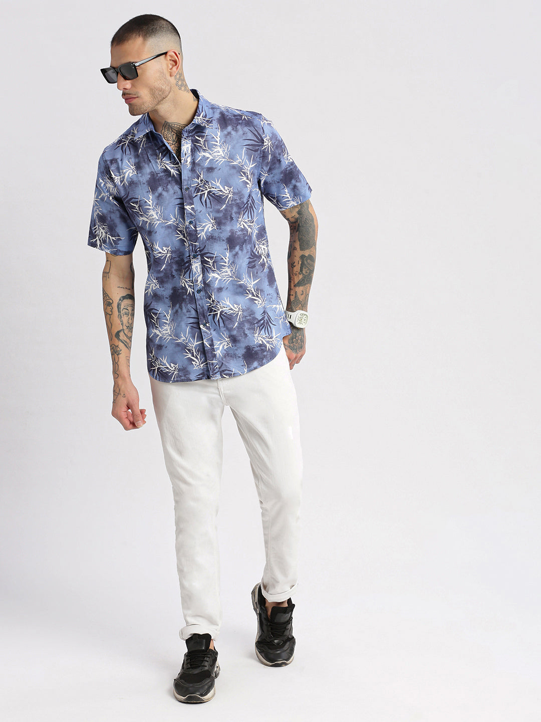 Men Spread Collar Floral Blue Casual Shirt