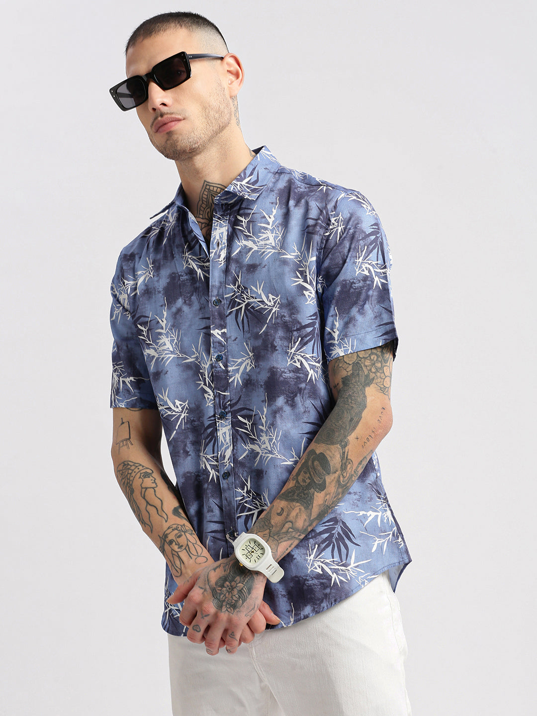 Men Spread Collar Floral Blue Casual Shirt