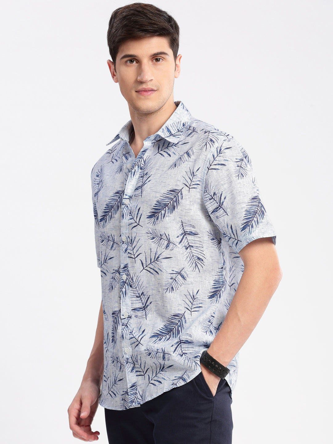 Men Spread Collar Floral Blue Casual Shirt