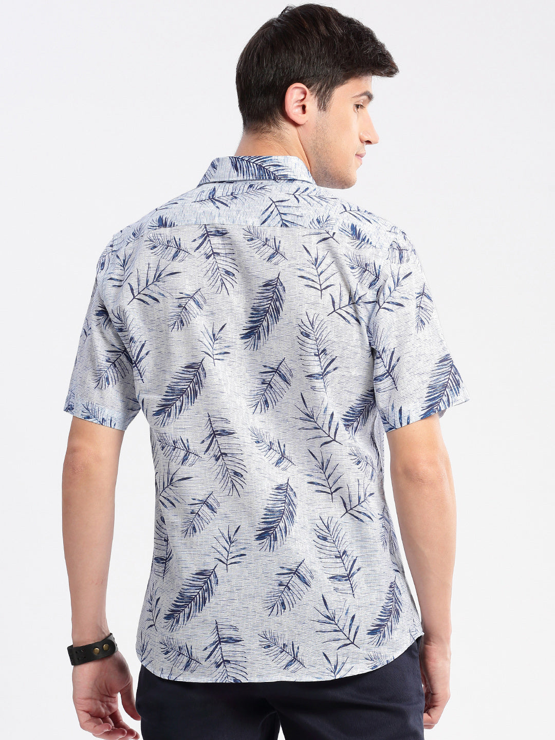 Men Spread Collar Floral Blue Casual Shirt