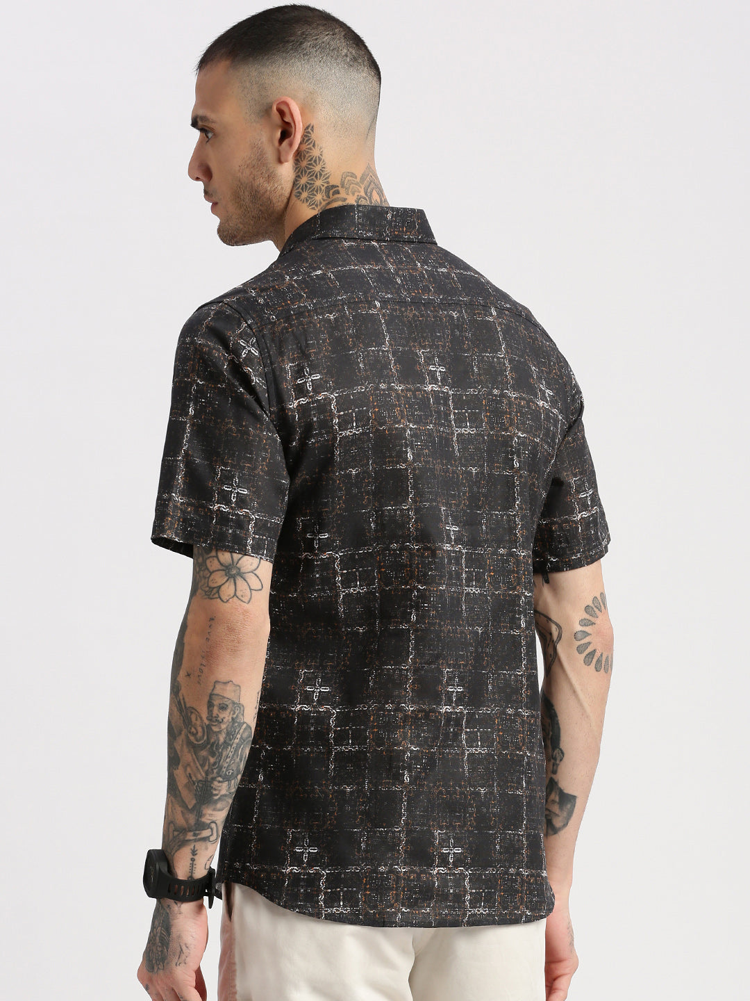 Men Spread Collar Abstract Black Casual Shirt