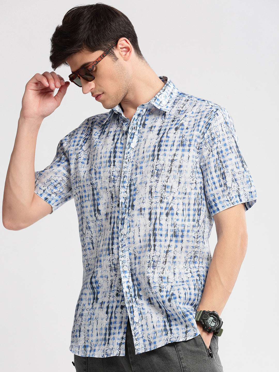 Men Spread Collar Floral Blue Casual Shirt