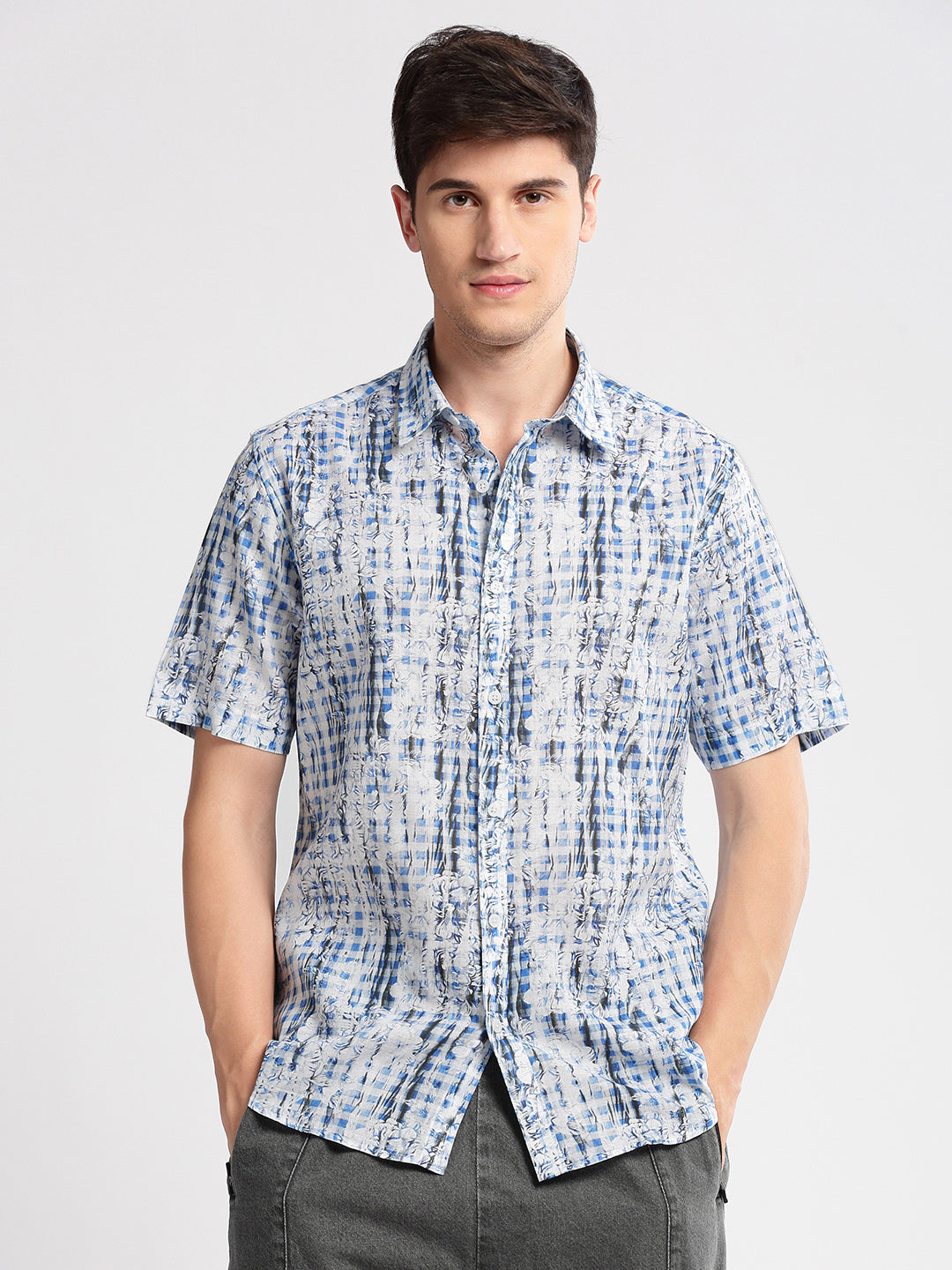 Men Spread Collar Floral Blue Casual Shirt