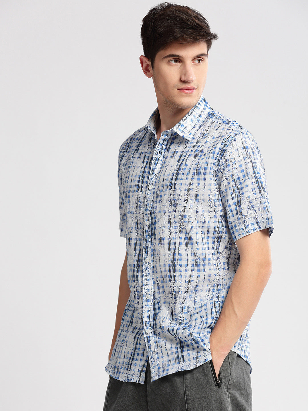 Men Spread Collar Floral Blue Casual Shirt