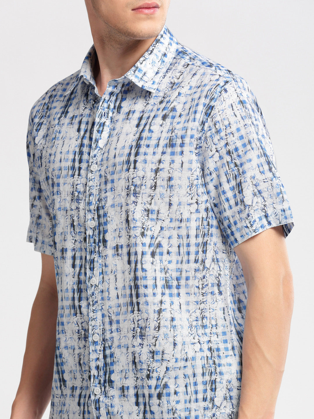 Men Spread Collar Floral Blue Casual Shirt