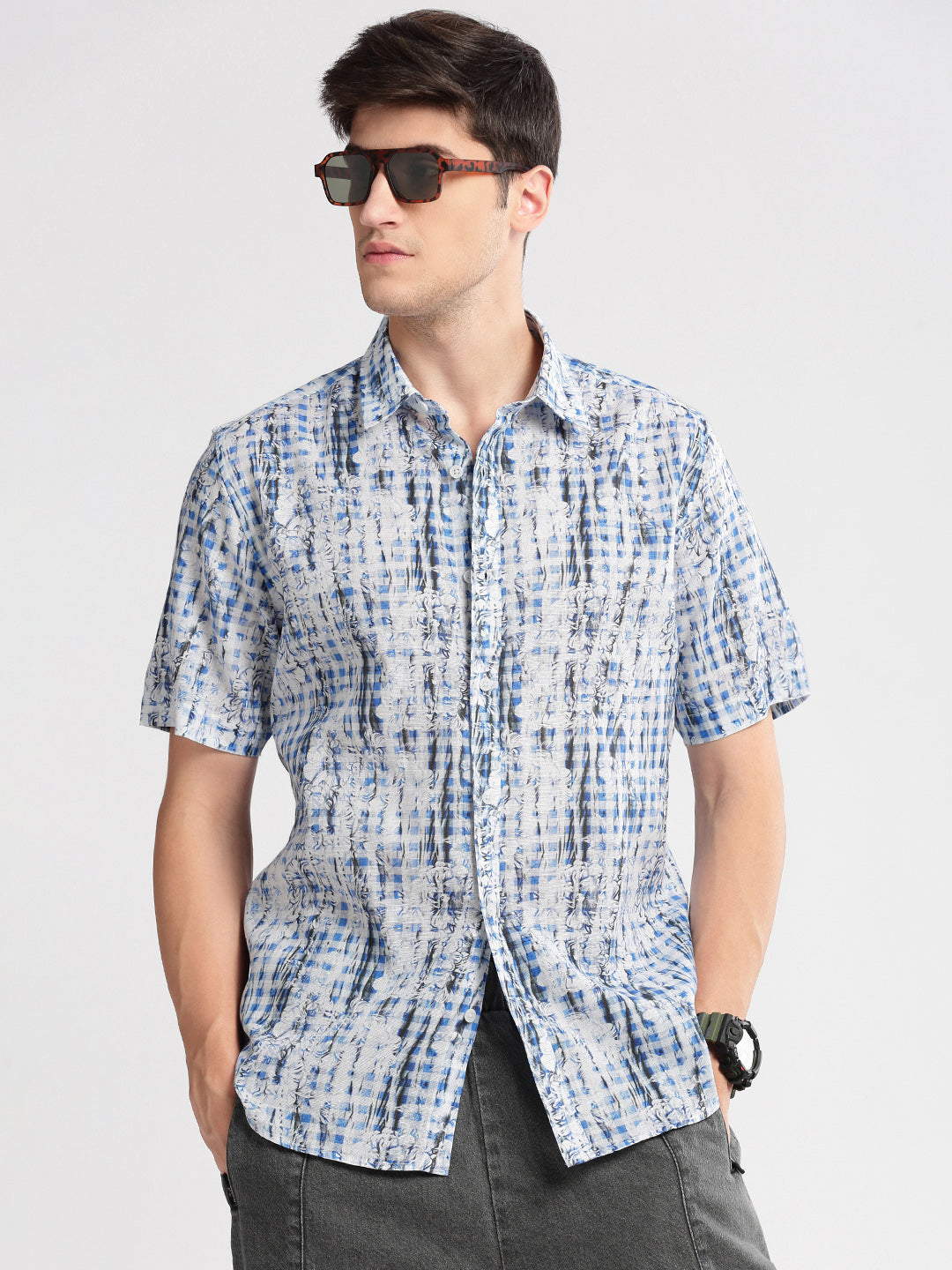 Men Spread Collar Floral Blue Casual Shirt