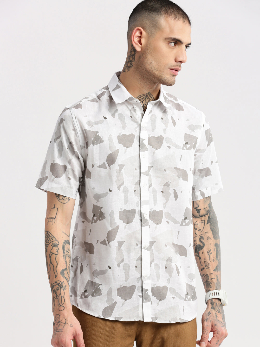 Men Spread Collar Abstract White Casual Shirt