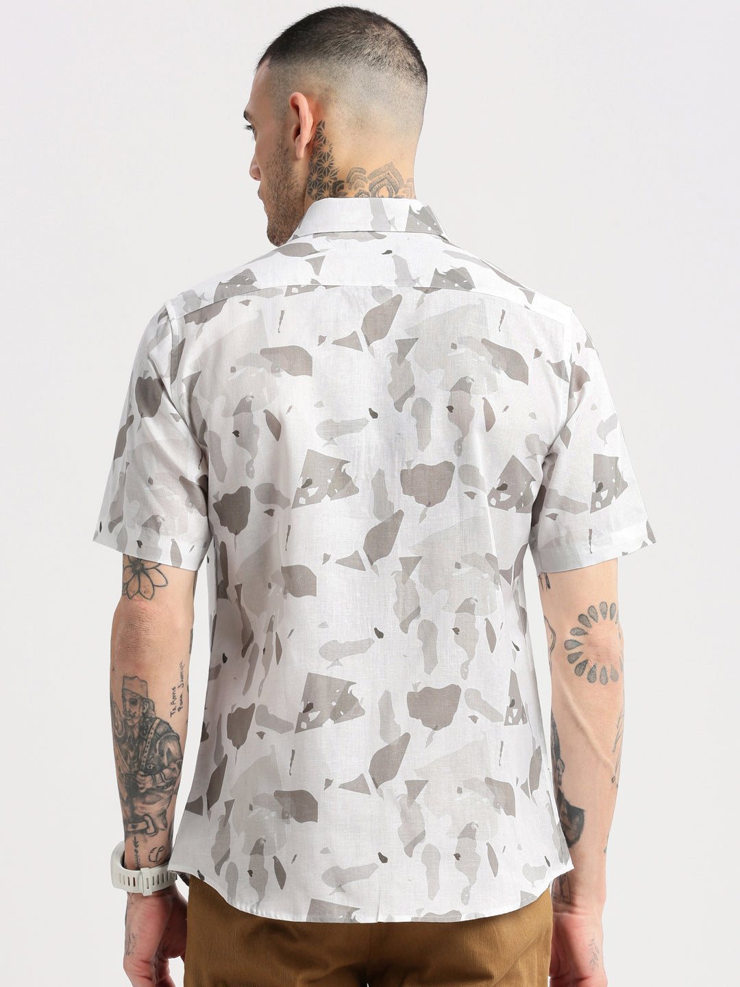 Men Spread Collar Abstract White Casual Shirt