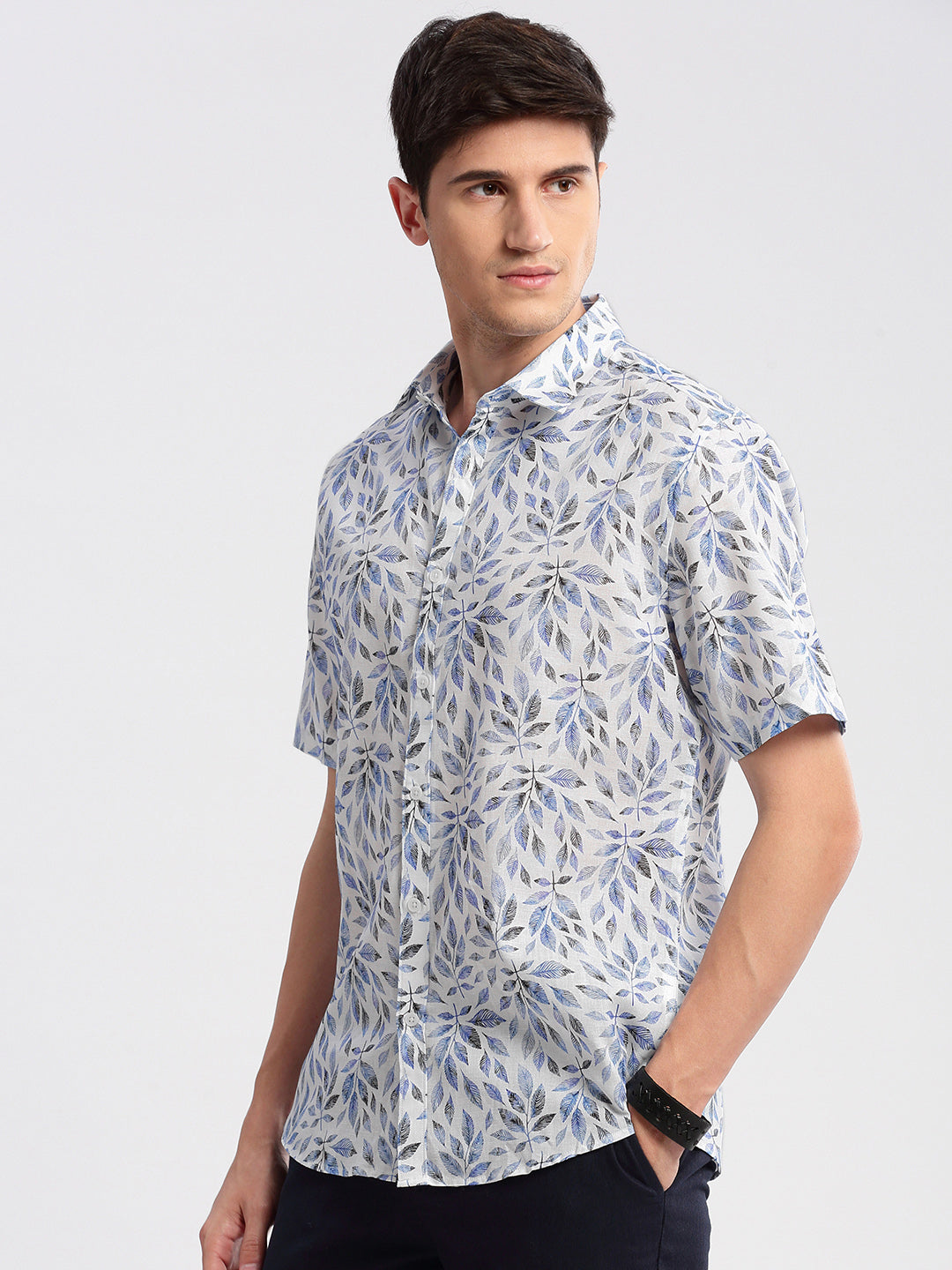 Men Spread Collar Floral White Casual Shirt