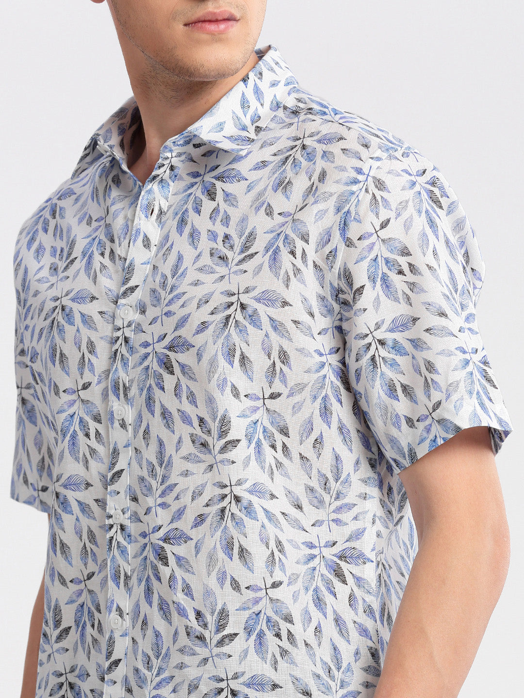 Men Spread Collar Floral White Casual Shirt