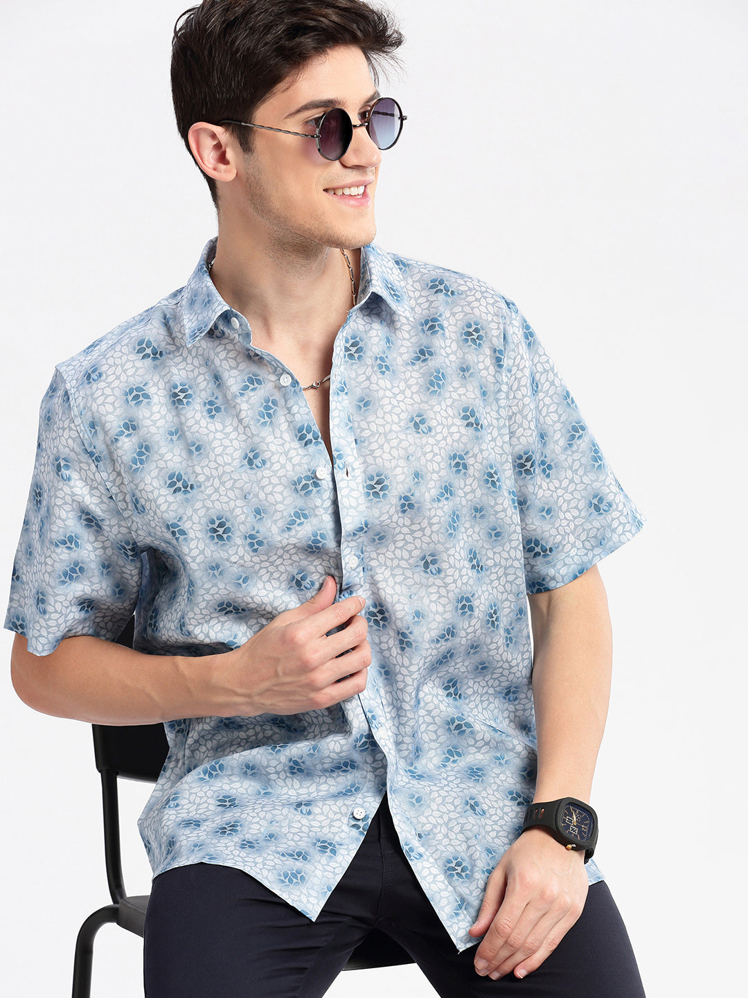 Men Spread Collar Floral Blue Casual Shirt