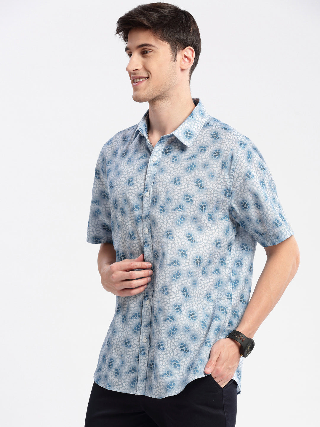 Men Spread Collar Floral Blue Casual Shirt