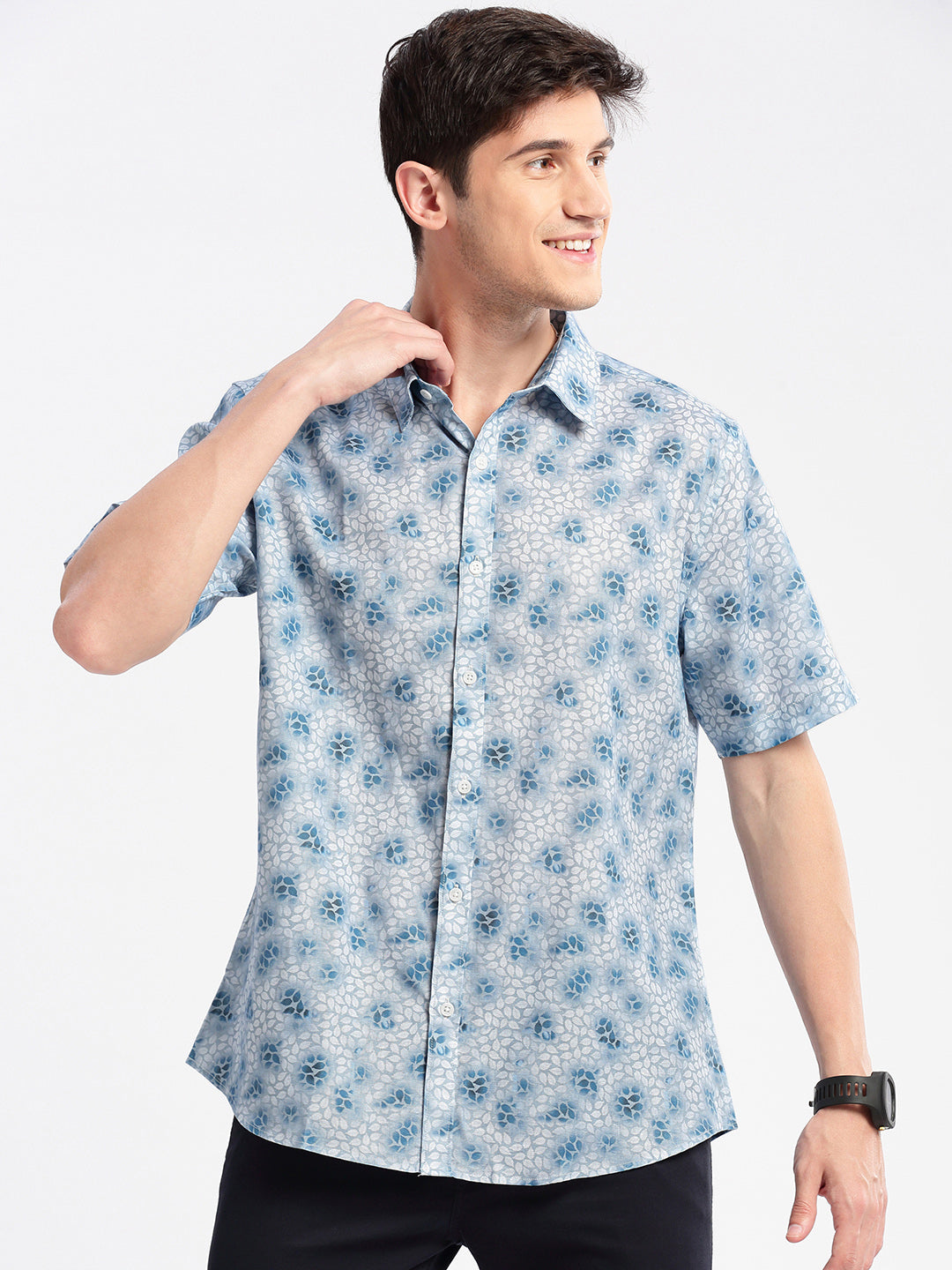 Men Spread Collar Floral Blue Casual Shirt