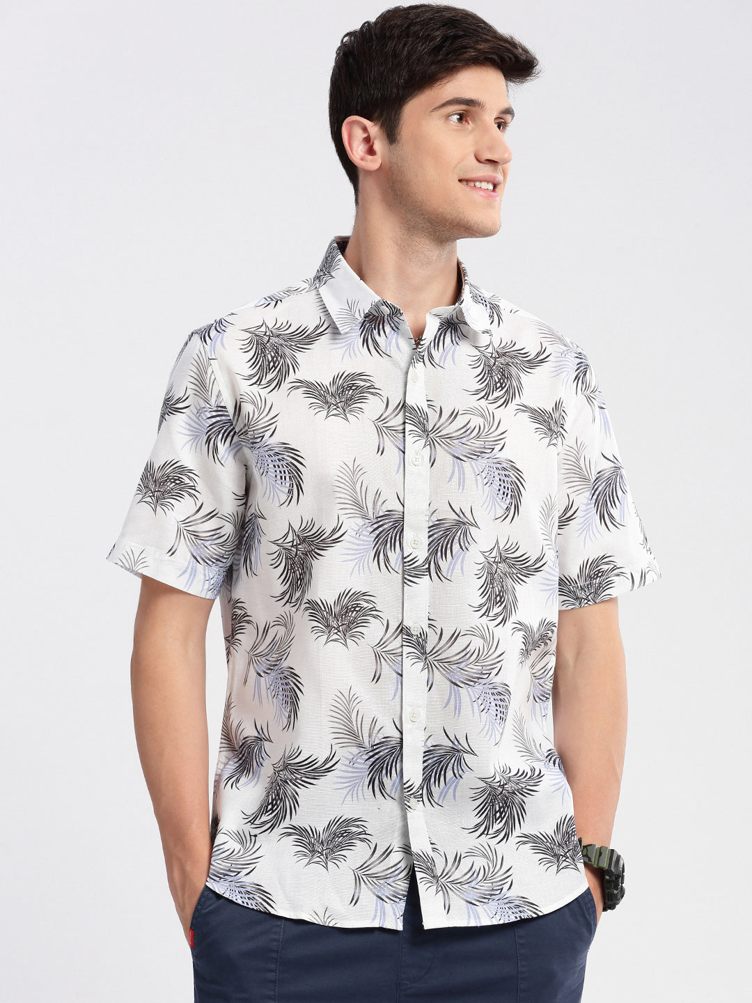 Men Spread Collar Floral White Casual Shirt