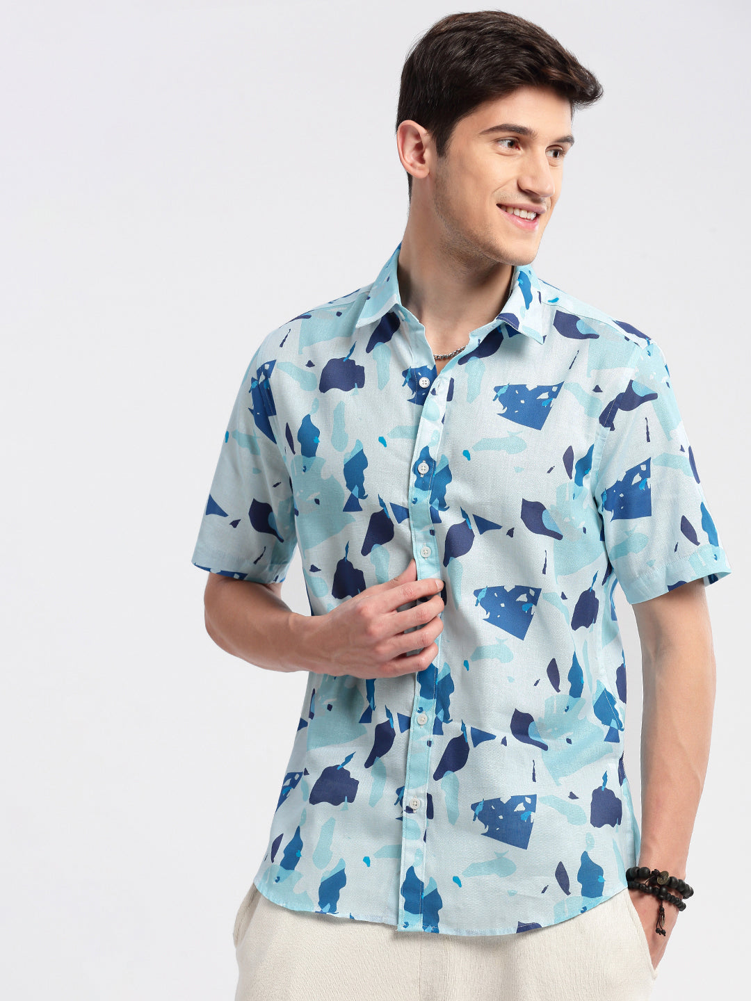 Men Spread Collar Abstract Blue Casual Shirt