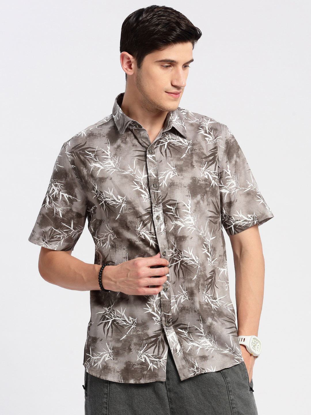 Men Spread Collar Floral Grey Casual Shirt