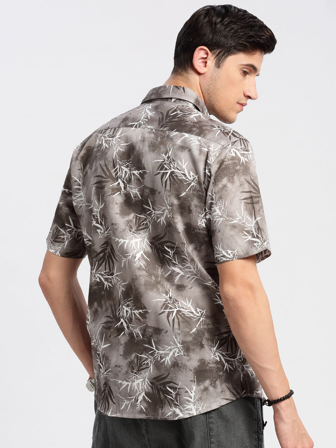 Men Spread Collar Floral Grey Casual Shirt