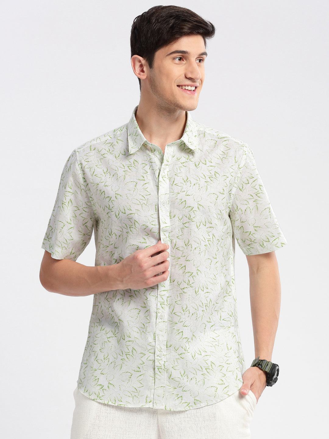 Men Spread Collar Floral Green Casual Shirt