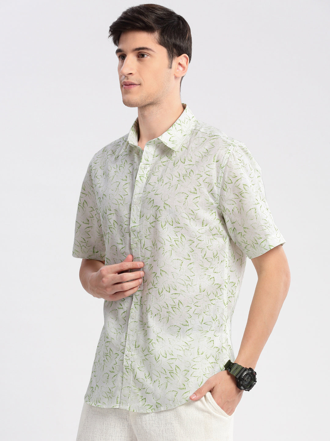 Men Spread Collar Floral Green Casual Shirt