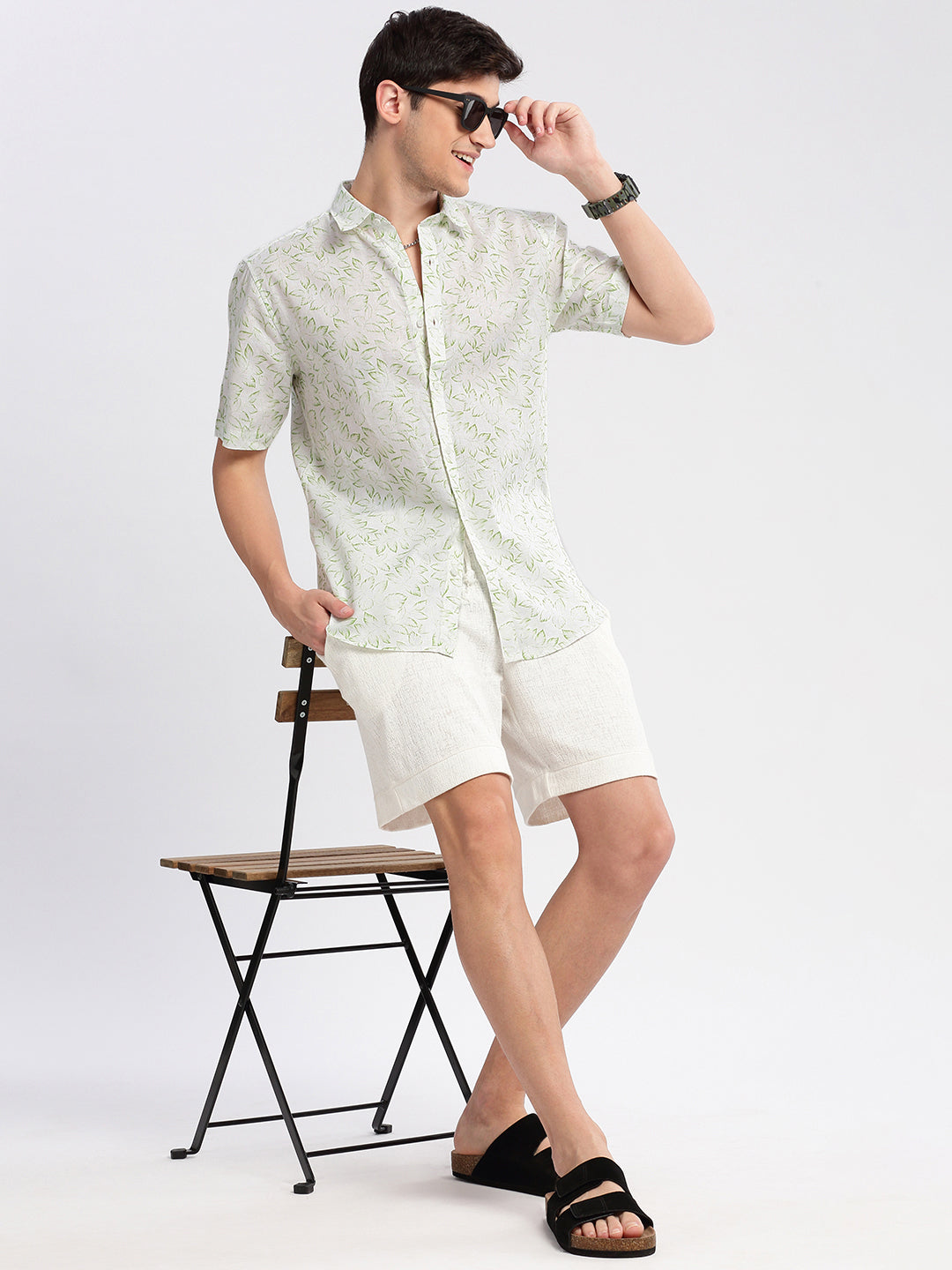 Men Spread Collar Floral Green Casual Shirt