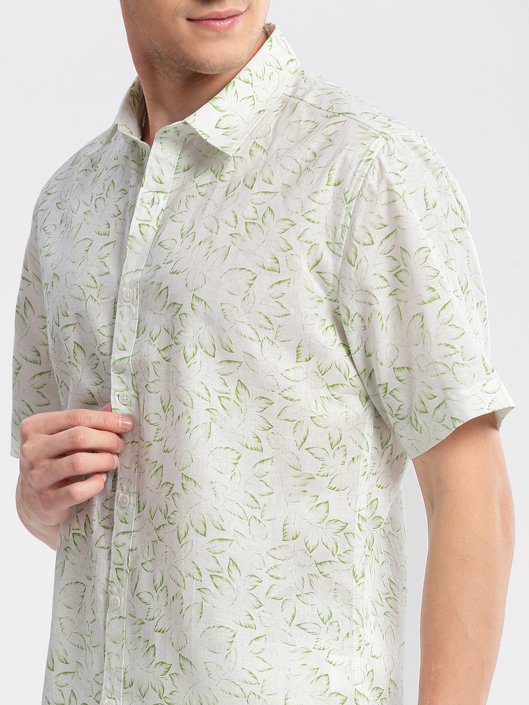 Men Spread Collar Floral Green Casual Shirt