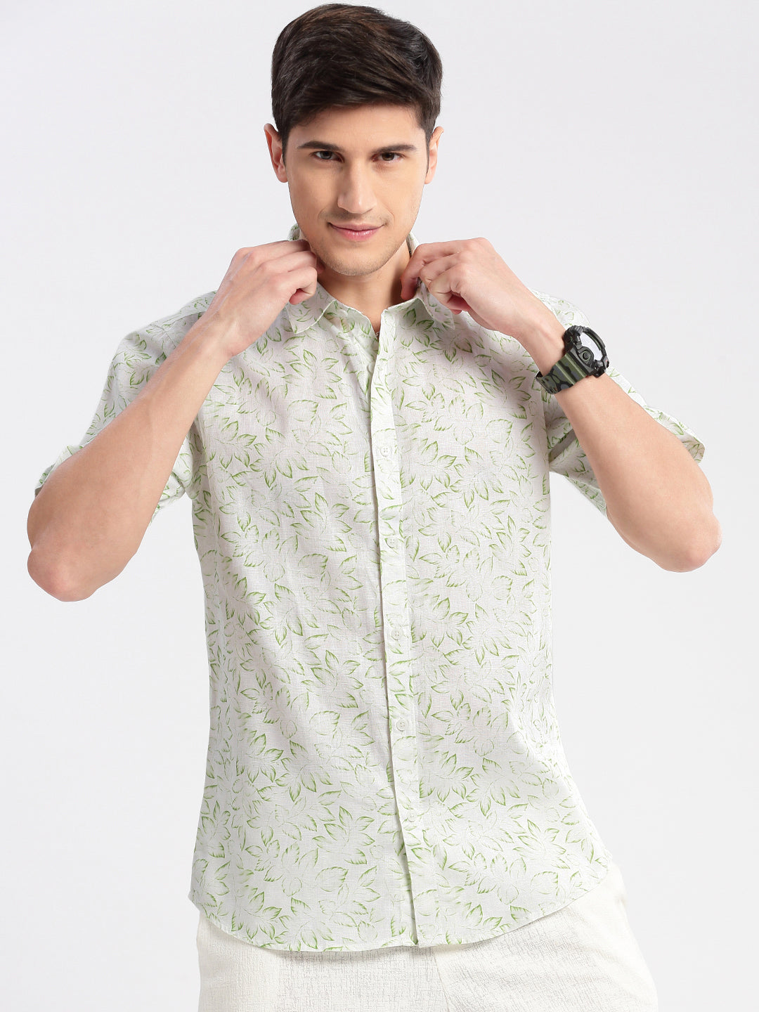 Men Spread Collar Floral Green Casual Shirt