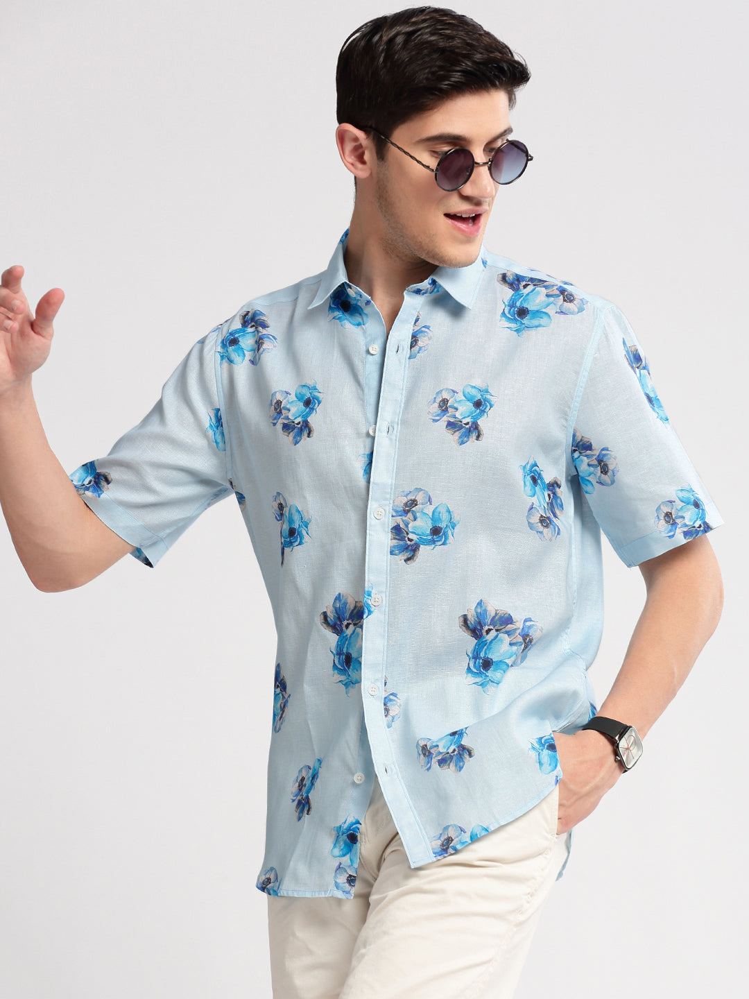 Men Spread Collar Floral Blue Casual Shirt