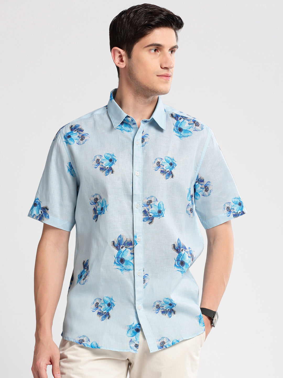 Men Spread Collar Floral Blue Casual Shirt