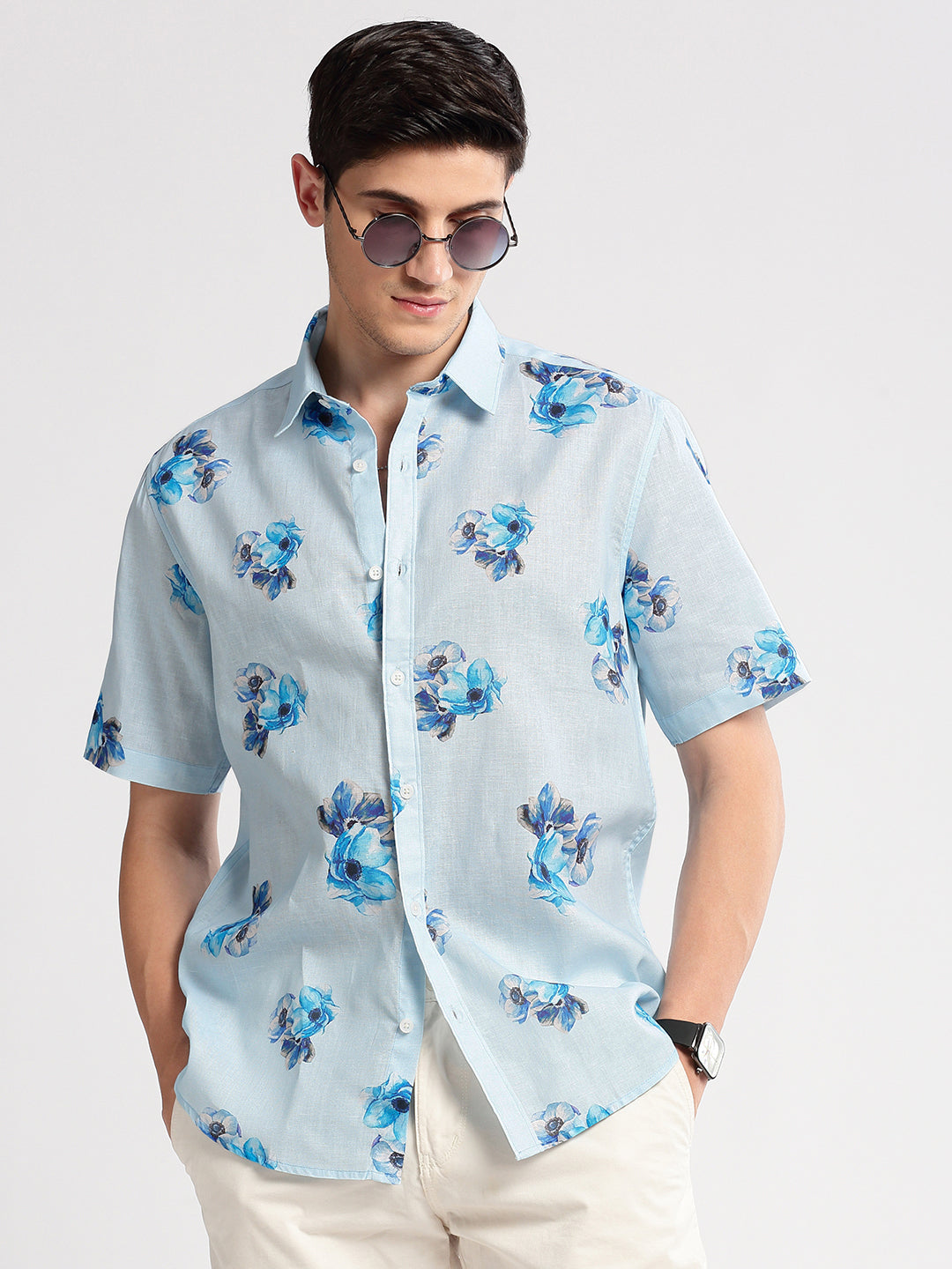 Men's Blue Standard Slim Fit Floral Printed Cotton Casual Shirt