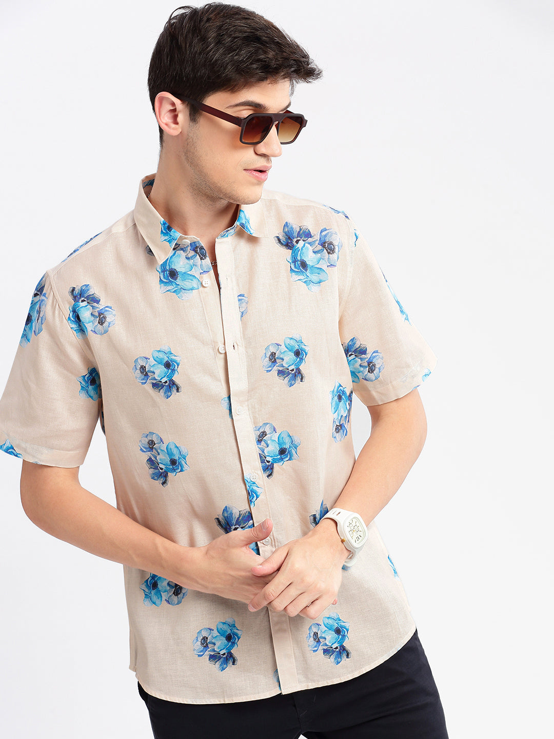 Men Spread Collar Floral Cream Casual Shirt