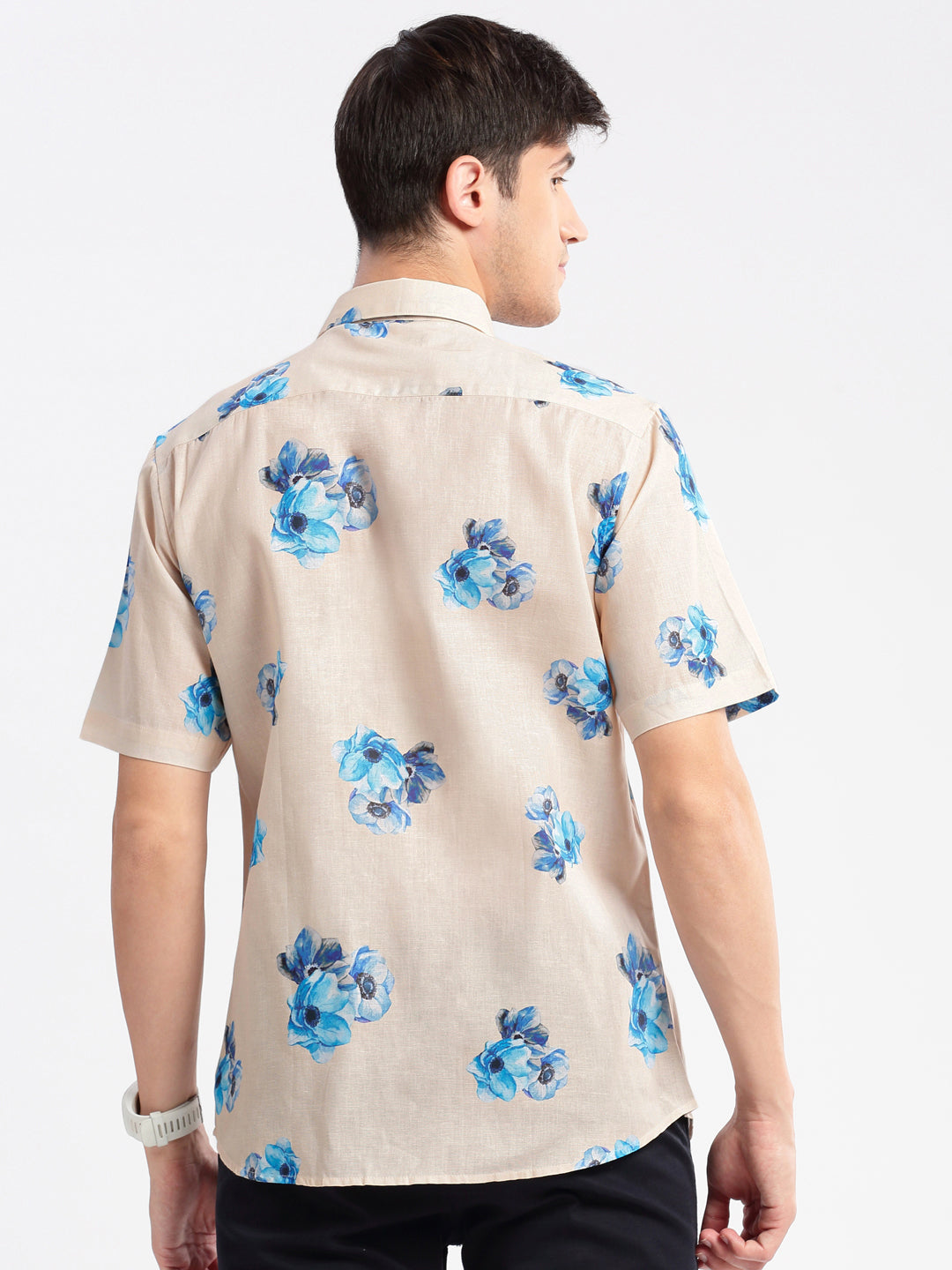 Men Spread Collar Floral Cream Casual Shirt