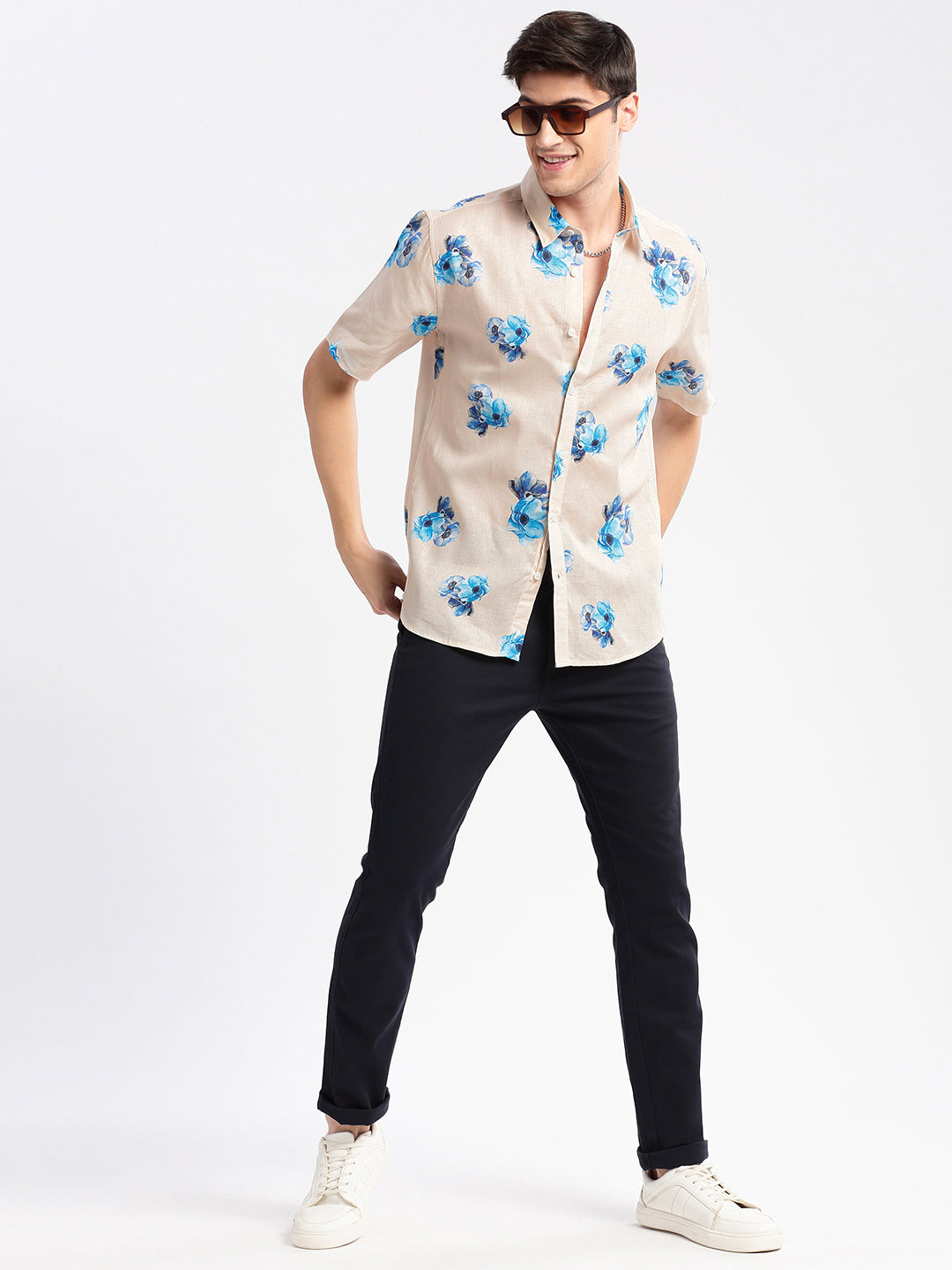 Men Spread Collar Floral Cream Casual Shirt