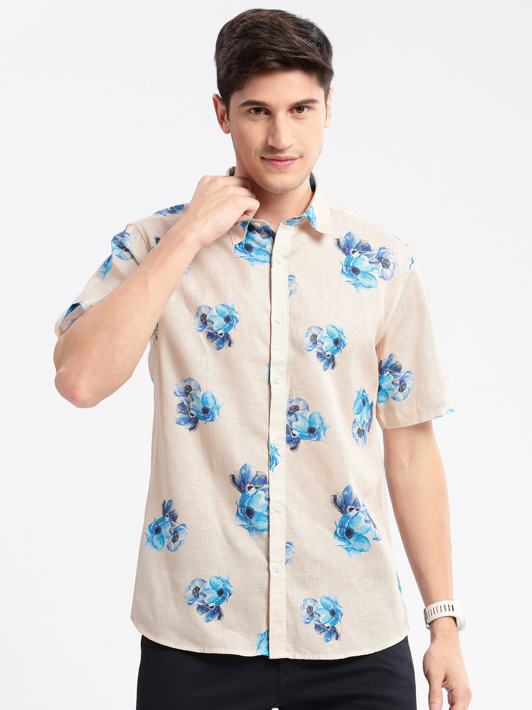 Men Spread Collar Floral Cream Casual Shirt