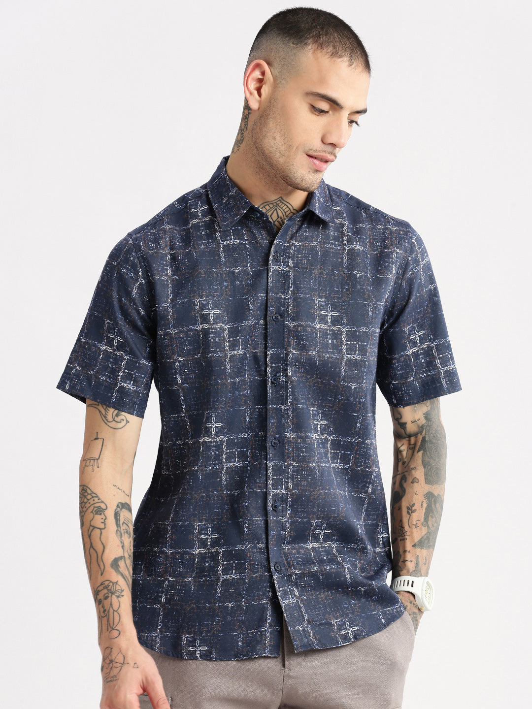 Men Spread Collar Abstract Navy Blue Casual Shirt