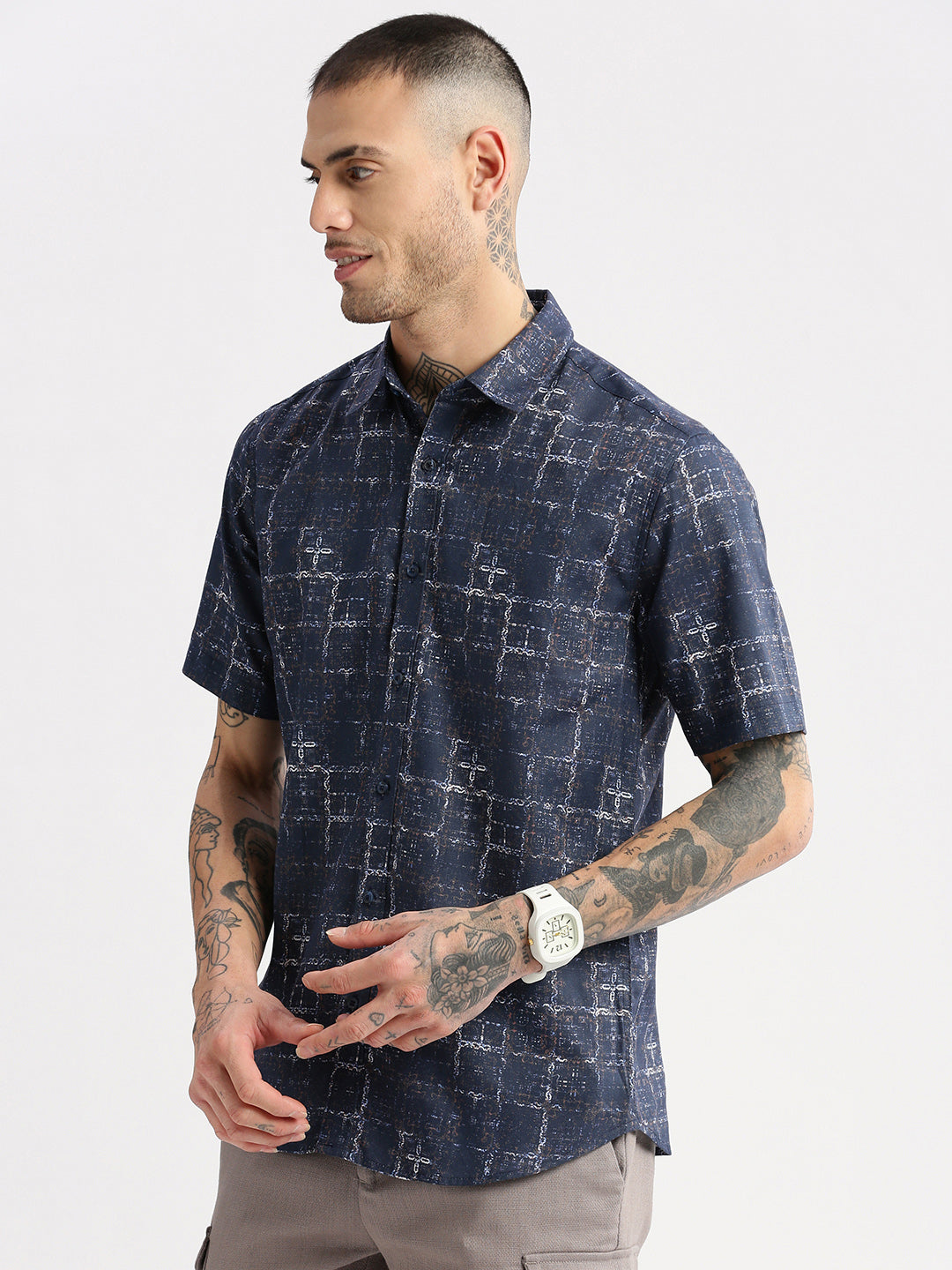 Men Spread Collar Abstract Navy Blue Casual Shirt