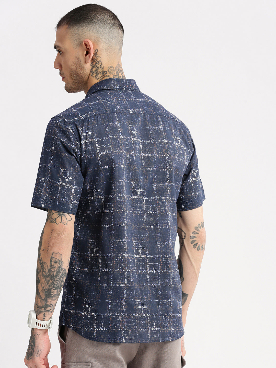 Men Spread Collar Abstract Navy Blue Casual Shirt