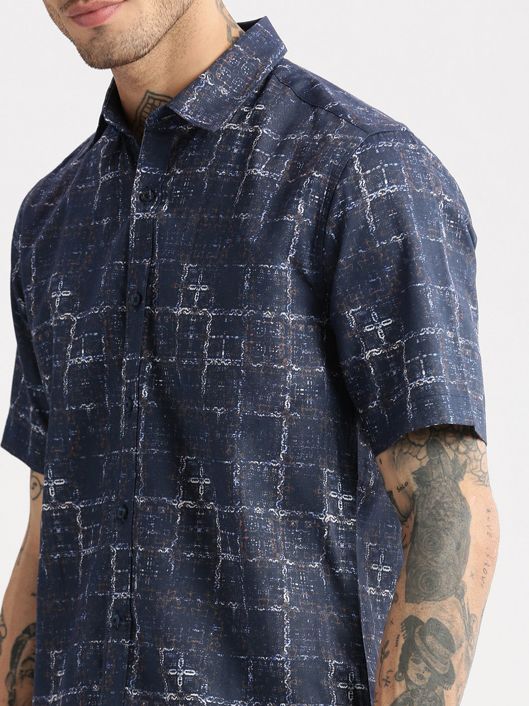 Men Spread Collar Abstract Navy Blue Casual Shirt